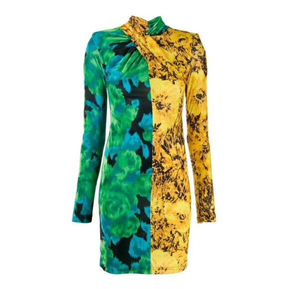 NWT Richard Quinn Mini Dress Sz 2 Twisted Neckline 2-tone Floral Abstract Print - Picture 2 of 10